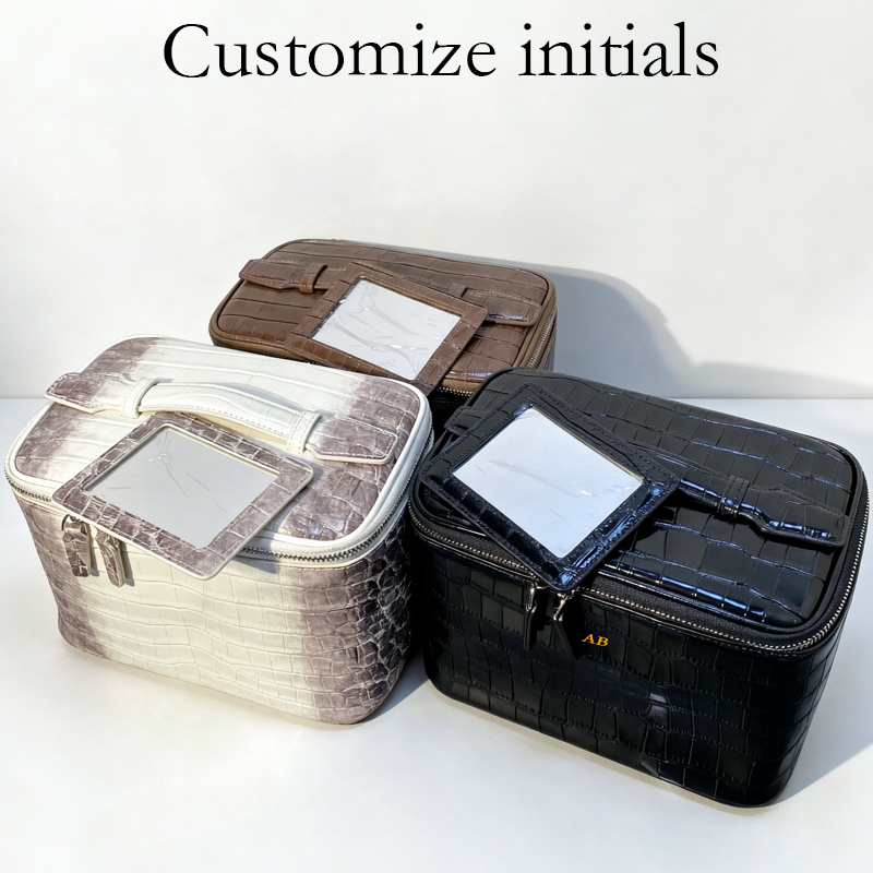 Luxury Skincare Packaging Wholesale - カスタムイニシャル入りレザー製ミラー付きメイクアップバッグ 女性用高級デザイナーハンドバッグ＆財布 2026年新作 牛革製メイクアップオーガナイザー