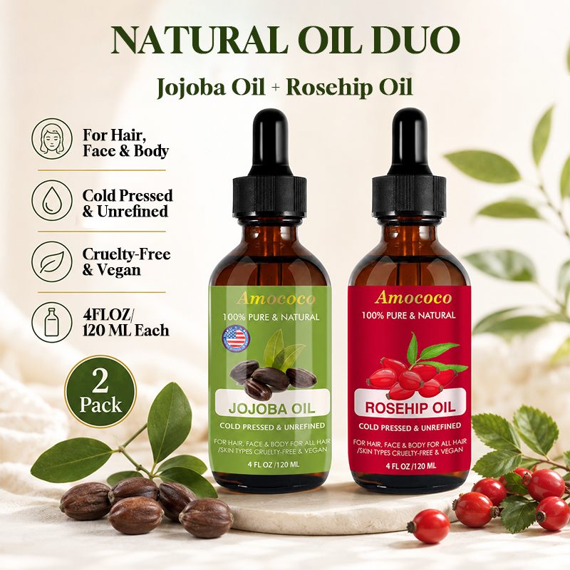 Cold Pressed Rose Hip - アモココ 2個入り ホホバオイルとローズヒップオイル 天然フェイスオイル 肌と髪用 コールドプレスボディオイル