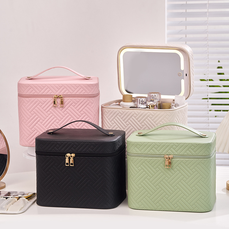 Luxury Skincare Packaging Wholesale - 高級防水化粧品バッグ Led 照明付きミラー大型トラベルメイクアップオーガナイザーポータブルトイレタリーケース織柄デザイン